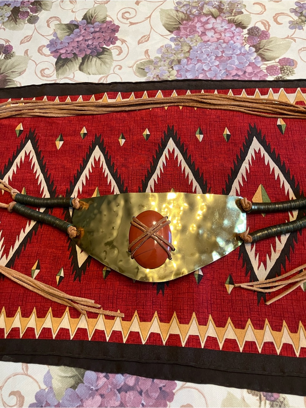 Handmade Belt hammered brass plated with a large Red Jasper Stone featured